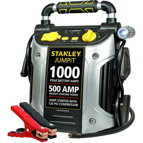 Stanley jumpit 1000 - Delivers serious jump-starting power with 1000 peak amps and 500 instant starting amps. Reverse polarity alarm alerts when there is an improper connection; Connect the clamps to the battery, turn on the switch and start your vehicle. All Metal Powder Coated Clamps. Features a 120 PSI air compressor to help inflate tires with low pressure; High ...